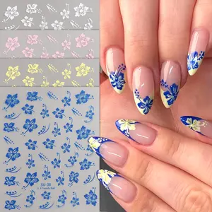Hawaiian Flower Nail Stickers Set, Blue Yellow White Pink Tropical Flower Nail Decals, Black Gold Self-Adhesive Summer Nail Stickers for Nail Art, DIY Manicure Decorations