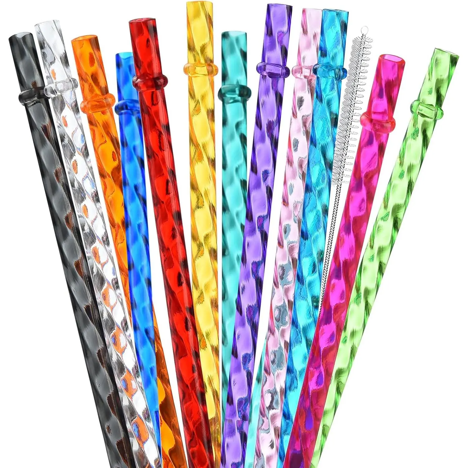12-Pack Reusable Plastic Clear Swirl Straws, 13" Extra Long Colorful Hard Plastic Replacement Straws for 16 OZ 20 OZ 30 OZ , , ,  Tumblers with Straw Brush