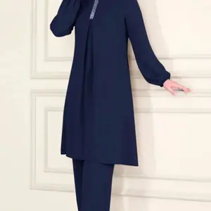 Women's Plain Contrast Sequin Bishop Sleeve Round Neck Tunic Top & Wide-Leg Pants Islamic Set, Chic Modest Casual Long-Sleeve Muslim Top & Trousers Two-Piece Set for Daily Wear, Women's Islamic Clothing for All Seasons, Outfit Set for Women