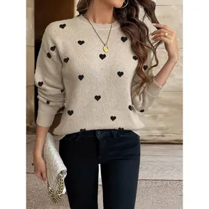 Women's heart-shaped round neck pullover, casual long sleeved off shoulder knit sweater, elegant autumn and winter fashionRAIMENTRY