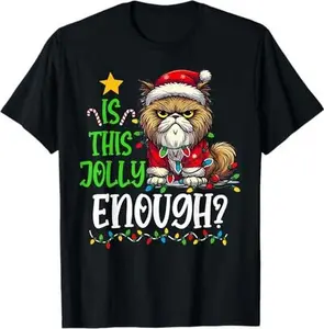 Is This Jolly Enough Christmas Cat Funny Santa Hat Women Men T-Shirt