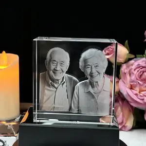 Unique Handmade Square 3D Photo Album Crystal Cube, Custom Clear Laser Etched Family Memory Picture Block with Colorful LED Stand, Exquisite Home Photo Collection Ornament, Perfect Sentimental Souvenir Gift for Friends, Lovers & Family Desktop Decoration