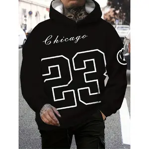 [Sporty Hoodie] Men's Casual Hooded Sweatshirt with Chicago 23 Print, Long Sleeve Polyester Knit Fabric, Regular Fit for Outdoor Sports, Versatile for Autumn, Spring, and Winter - Ideal Gift, Sweater Hoodie Tops Black