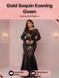 Plus Size Long Sleeve Sequin Patchwork Dress, Elegant Formal Wear Women's Evening Party Gown for Parties & Special Occasions, Slim-Fit Style