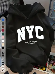 Women's Adjustable Drawstring Pocket Hoodie with Nyc Letter Print, Loose Fit Long Sleeve Casual Hooded Sweatshirt for Spring & Fall, Womenswear