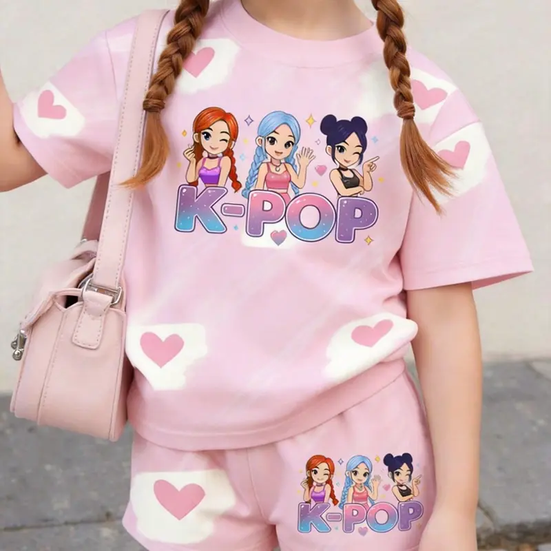 Girls' Cartoon Pattern Two-Piece Set, Cute Short Sleeve T-Shirt and Elastic Waist Shorts, Graphic Outfits, Summer Clothes, Casual Co-ord Set for Kids, Cartoon Print Set
