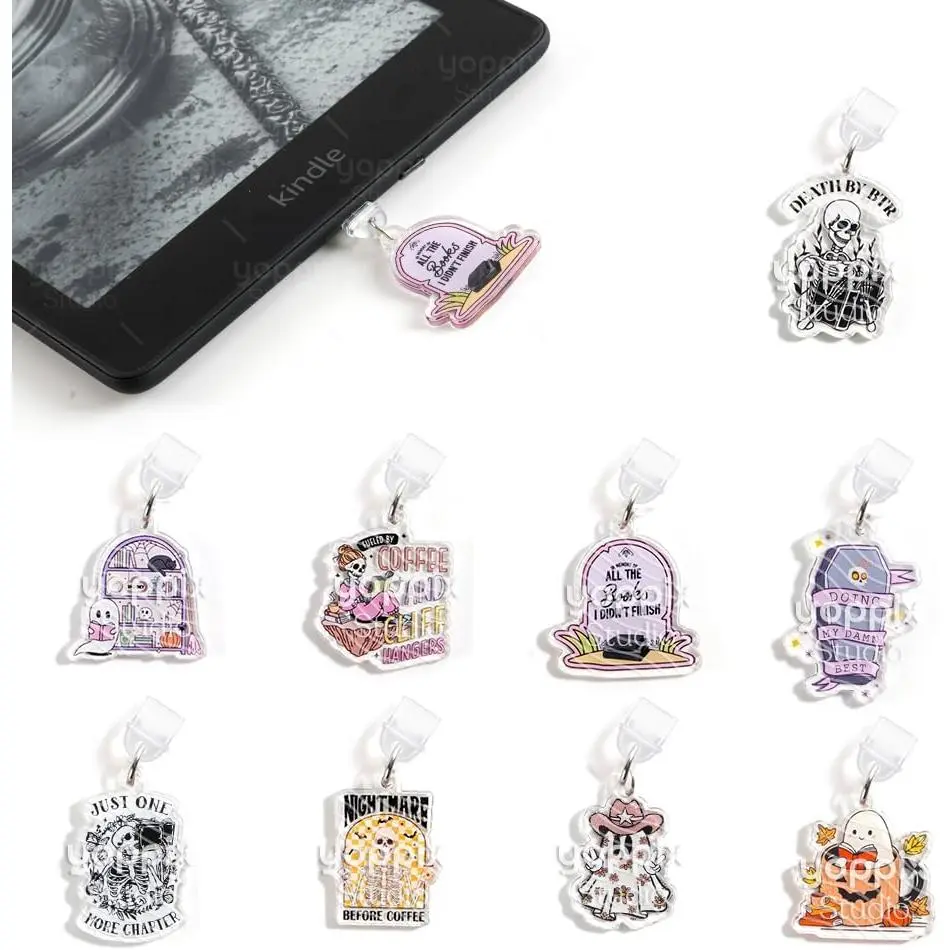 9 count Charms for E-Reader, About Halloween Ghost Theme Dust Plug Charm Compatible with Type C  Port,  for Book Lover Readers Men Women Teachers Students, Accessories for E-Reader
