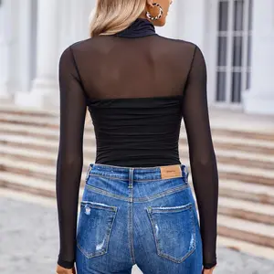 Long Sleeve Contour Turtleneck Bodysuit - Women’s Mesh Sculpting Leotard Evening Trendy Outfits