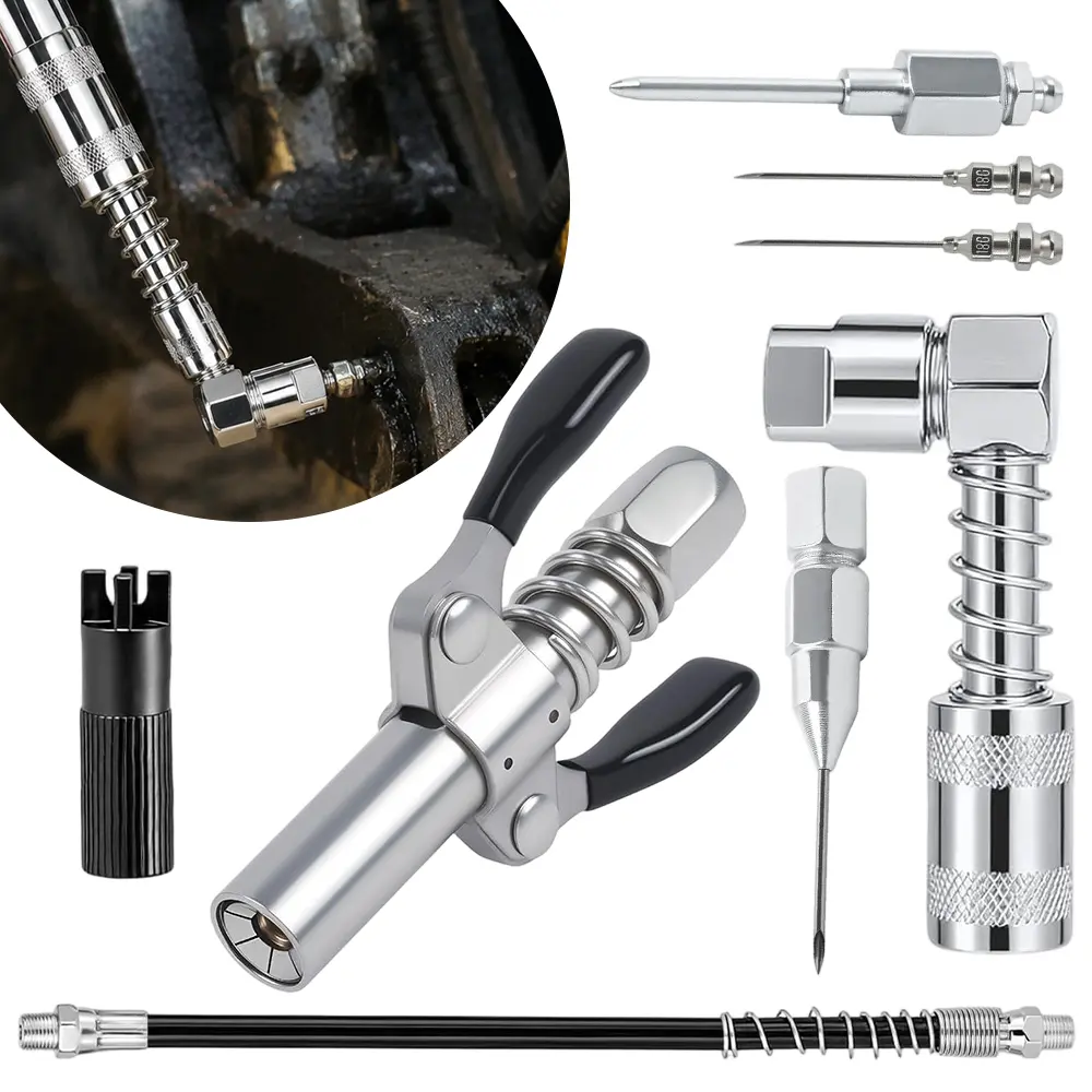 Pack of 9 Grease Gun Fittings Kit, Grease Gun Tips, Grease Gun Fittings, Grease Gun Coupler, 90 Degree Grease Gun Coupler, Grease Gun Hose, Fitting Cleaner, Grease Needle Nozzles, Grease Filling Nozzle and Grease Tip