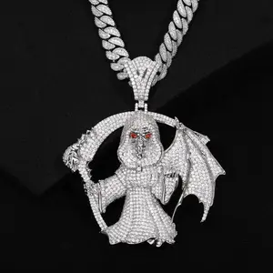 Premium Thick Real Gold Plated Iced Out Grim Reaper Scythe Pendant Necklace for Men, Full CZ Diamond Hip Hop Rapper Chain, Gothic Death Angel Charm, Luxury Streetwear Statement Jewelry, Bling Cubic Zirconia Pendant, Unisex Punk Rock Necklace, Party Club