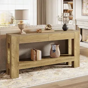 LITTLE TREE Console Table with 2 Drawers, 63-Inch Farmhouse Wooden Entryway Table with Storage Shelf, Behind Couch Vintage Furniture with H-Shaped Sturdy Legs for Living Room, Entrance, Hallway
