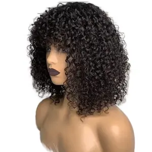 Short Bob Curly Human Hair Wigs with Bangs for Black Women - Glueless None Lace Front Wig - 180% Density Brazilian Unprocessed Virgin Kinky Curly Fringe Bang Wig