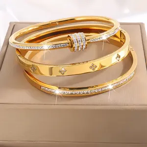 3pcs Elegant Stainless Steel Fashion Bracelet Set |   18K Gold Plated, Synthetic Synthetic Zircon ​   Accents, Suitable for Daily Stacking and Holidays