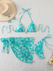 Women's Sexy Lace Triangle Bikini Set, Self-Binding Side Swimsuit with Mesh Apron, Casual Natural Waist Swimwear, Floral Bikini Top, Plants Print Swimsuit