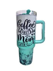 40 oz Ombré Mint Holographic Travel Tumbler - Drinkware Flask for Moms (Coffee First, Mom Later Design), Flasks