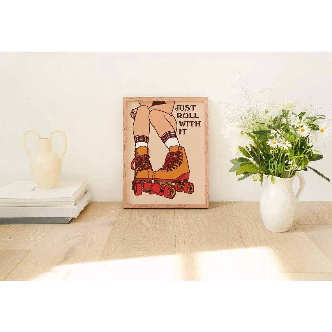 Retro 80s Wall Print, Groovy 70s Wall Decor, A2 A3 A4 Roller Skates Illustration, Trendy Poster Print, Red Artwork, Positive Quote. Retro Home Decoration. No Frame