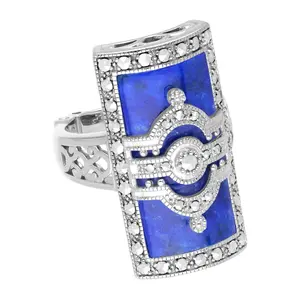 Dallas Prince Sterling Lapis & Chrome Marcasite Deco Ring