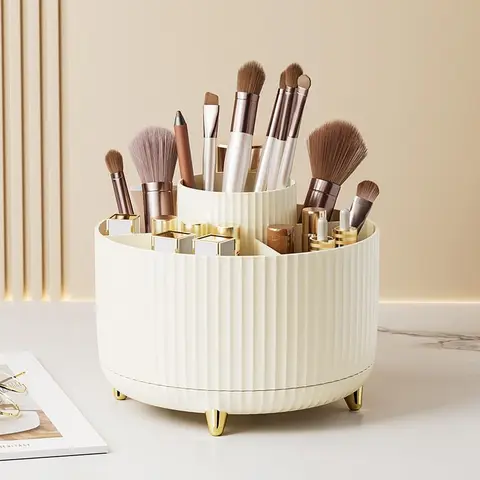 1-Tier Smooth ABS Plastic Beauty Makeup Organizer - 360° Rotating, 5-Slot Brush Holder, Large Capacity Box for Adult Bedroom & Bathroom Counters, Home Vanity Desk Accessories