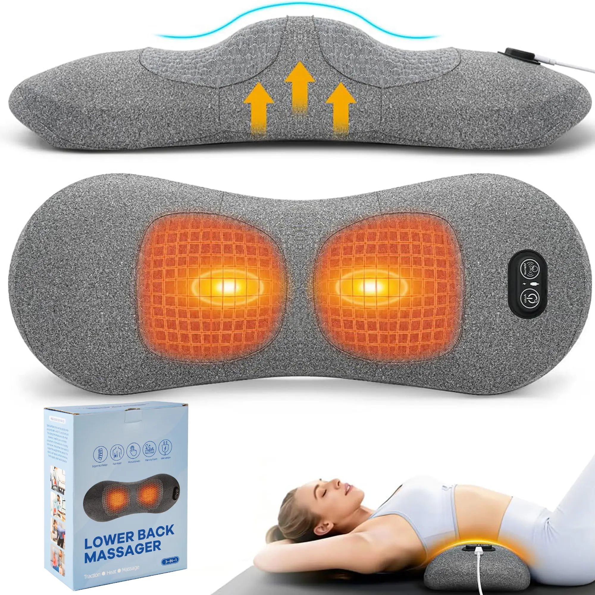 Triple Fusion Electric Lumbar Support Pillow with Traction, Heat & Vibration Massage, Somatic Therapy - Bed & Chair Use for Lower Back Pain Relief, Stomach Body Sculpting Tool