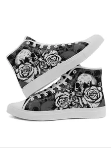 Men's Fashionable Floral & Skull Print High Top Sneakers, Casual Comfortable Breathable Lightweight Sports Shoes, Male All-match Round Toe Shoes for Daily Wear, Trendy Walking Sneakers