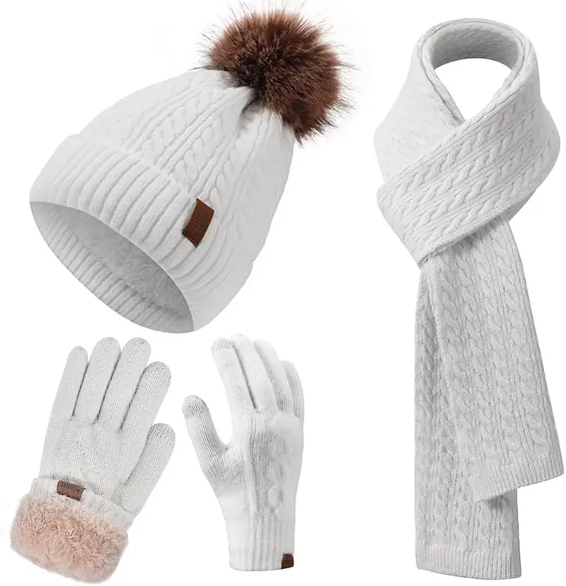 Winter Hat Scarf Gloves Set for Women, Classic Cable Beanie with Removable Pom Pom Long Scarf Touchscreen Gloves 3 in 1 Set FENELY