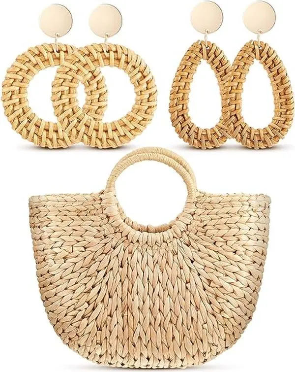 Summer Beach Bag Straw Tote Bag, 2 Pair Rattan Earrings  display picture 2