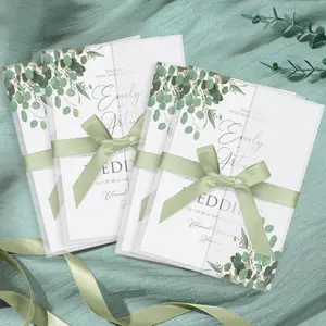 100 Pcs Greenery Eucalyptus Pre Folded Vellum Jackets for 5x7 Invitations 130gsm Transparent Envelope Liners Bulk Vellum Paper 5x7 with Ribbons Wedding Invitations Wraps for Wedding Cards