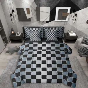 Black Checkered Bed in A Bag 7 Piece Blue Greyish Ombre Comforter Set with Sheets Buffalo Plaid Grid Bedding Set,for Kids Adults,Aesthetic Gingham Bed Set