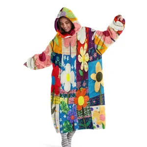 Hooded Blanket Wearable Throw, Colorful Floral Patchwork Print, Soft Warm Flannel Blanket, Sofa Cover, Home Leisure, Air Conditioning, Camping Travel Gift, Cozy Throw Blanket