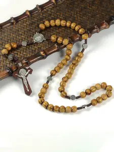 Vintage Wooden Beaded Rosary Necklace, Cross Pendant Necklace for Men & Women, Fashion Jewelry for Party, Daily Decor, Trendy All-match & Exquisite Jewelry for Birthday Gift, Cross Charm Necklace, Dainty Cross Necklace