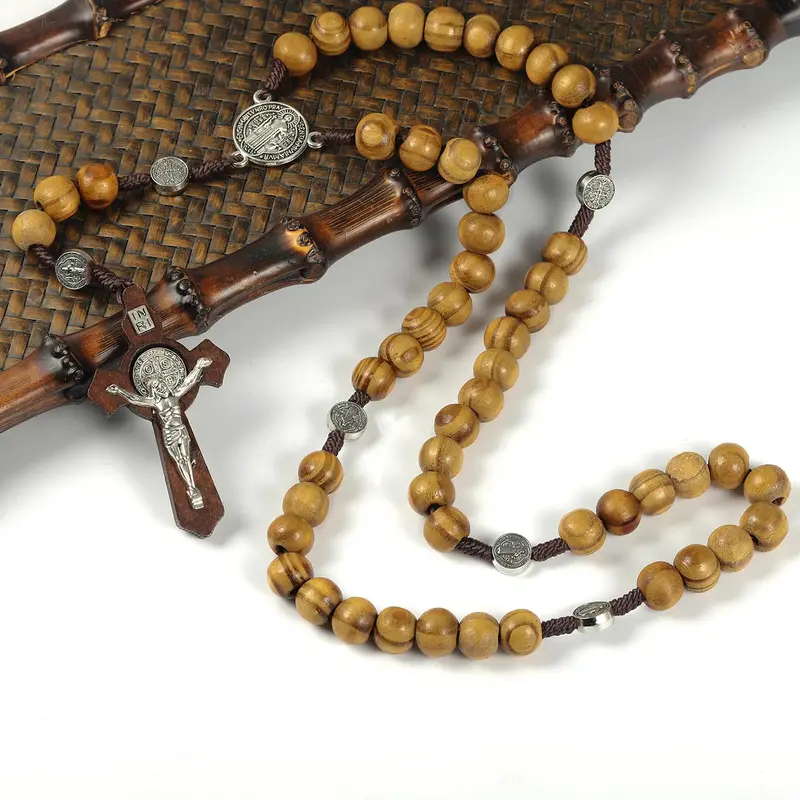 Vintage Wooden Beaded Rosary Necklace, Beaded Necklaces, Cross Pendant Necklace for Men & Women, Jewelry for Party, Daily Decor, All-match Jewelry for Birthday Gift
