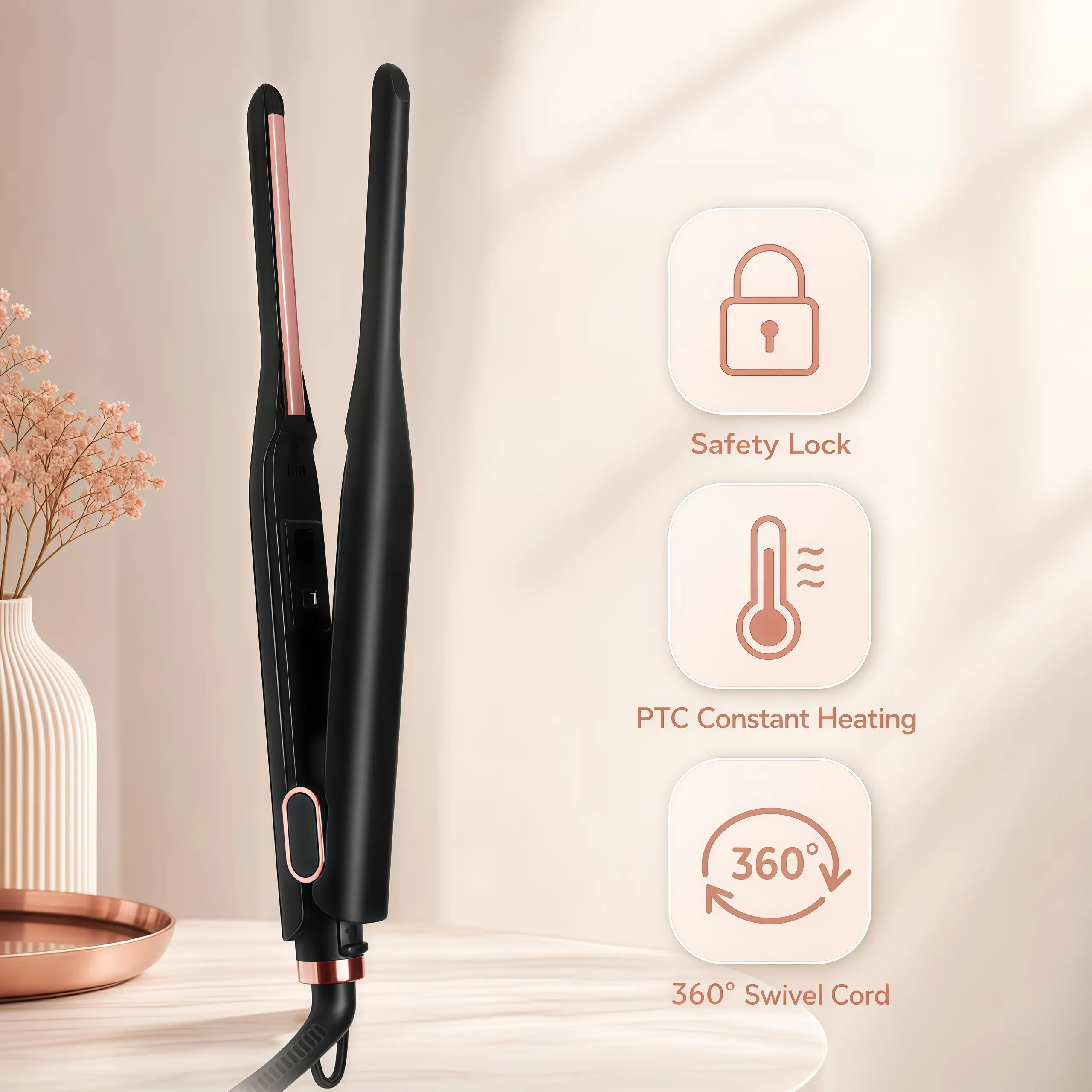 3/10" Ceramic Tourmaline Hair Straightener for Thin, Short Hair & Edge Styling, Fast 60s Heat Up to 450°F, Frizz Control Root Styling Wand, Tangle-Free, Black#back to school