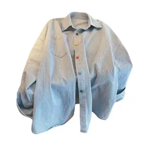 Vintage Denim Striped Oversized Shirt Beautiful Women's Blouses in Promotions Collared Shirt for Women's Spring Long Sleeved Top Womenswear Blue