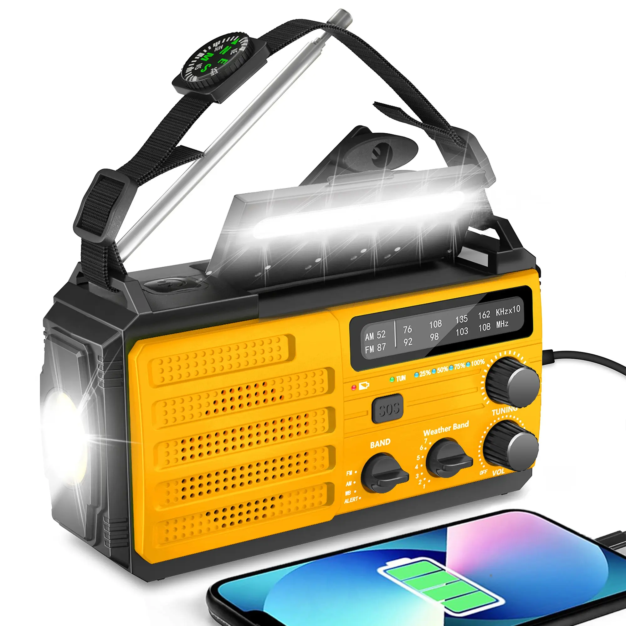 8000mAh Portable Emergency USB Rechargeable Flashlight Radio with AM/FM WB Weather Alerts, Solar & Hand Crank Charging, USB-C Dual USB Power Bank Port, Bright LED Light SOS Alarm for Night Camping Hiking Survival Outdoor Gear