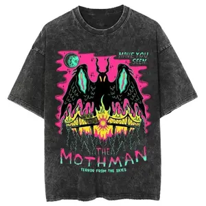 Women's Mothman Graphic T-Shirt - Unisex Retro Washed Cotton Short-Sleeve Streetwear, Classic Casual Full-Color Full-Size Top