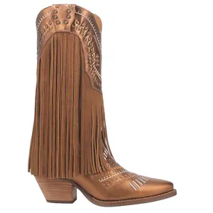 Dingo Womens Gypsy Studded Fringe Metallic Snip Toe  Casual Boots Mid Calf Low Heel 1-2" - Brown