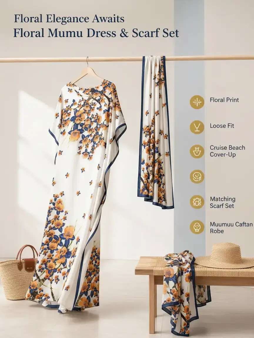 MuuMuu Muse Women's White Blue Orange Floral Print Moomoo Dress & Matching Scarf Set, Loose Muumuu Caftan Robe, Cruise Beach Cover Up