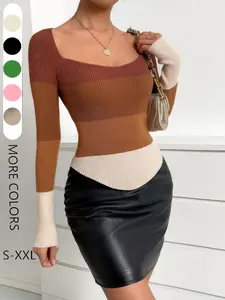 Women's Caramel Colorblock Square Neck Knit Sweater, Vintage Gentle Style, Fall Winter Fashion, Ladies' Casual Pullover