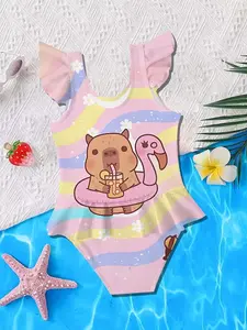 Summer Girls Casual Sleeveless Design Triangle Jumpsuit Swimwear, Beach Vacation Holiday Birthday Ideal Gift, Cute Capybara Swimming Ring Wave Flower Unique Pattern