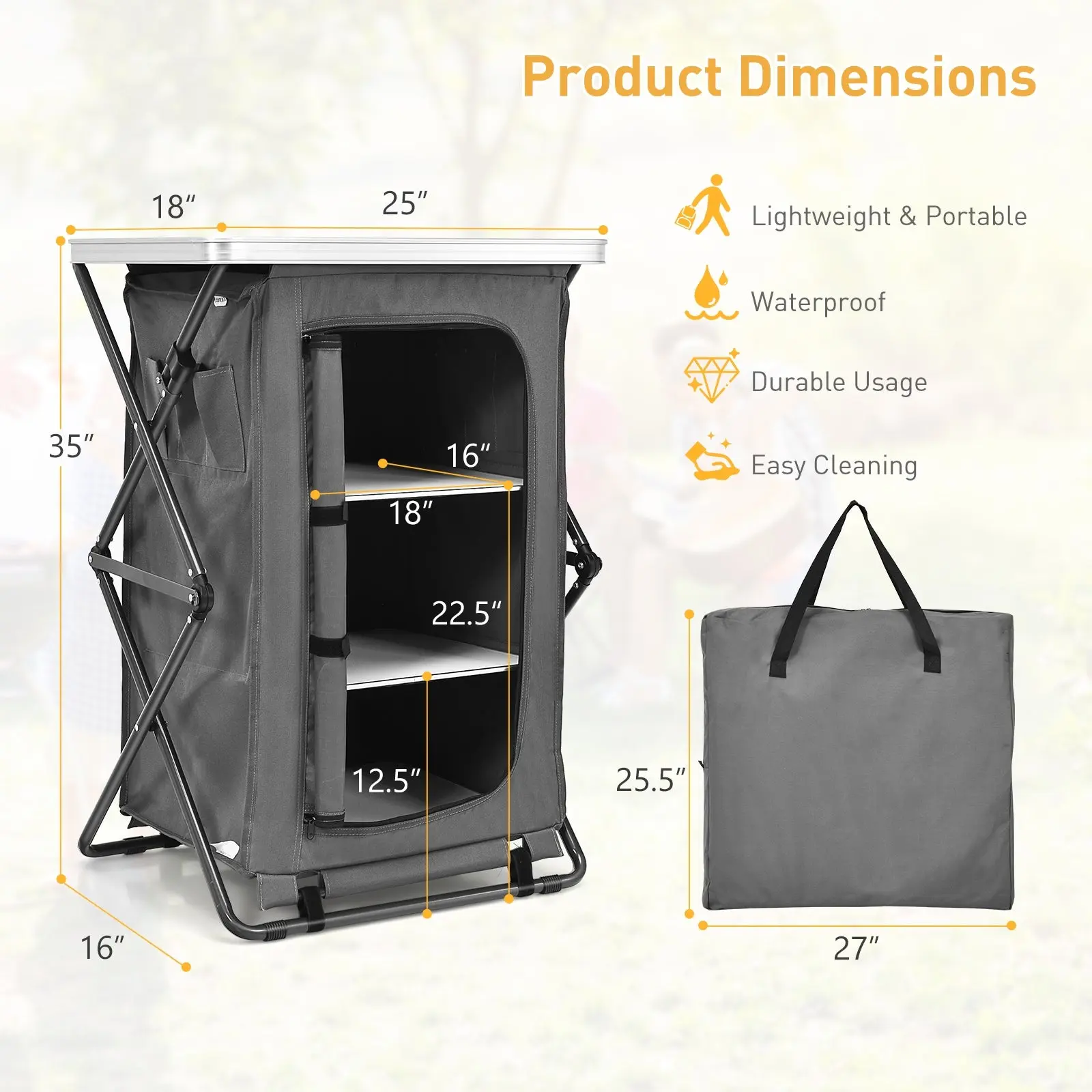 Collapsible 3-Tier Camping Storage Cabinet, Durable Oxford Cloth Organizer with Folding Frame and Carry Bag for Campfire / BBQ Party, Outdoor, 3-Shelf Load, Compact Fold Cupboards, Easy Carry Cupboards, All-In-One Foldable Cupboards
