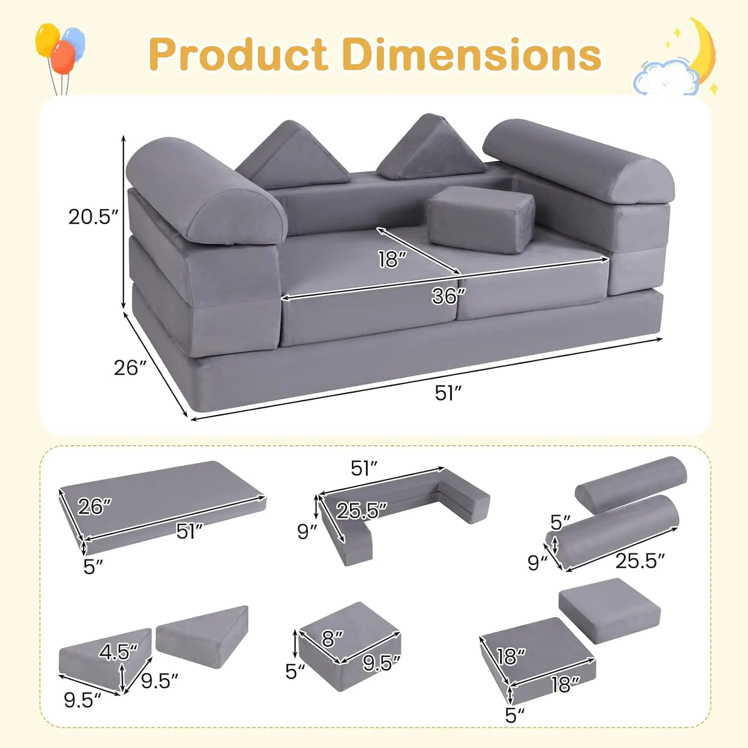 9-piece Folding Sofa -Grey