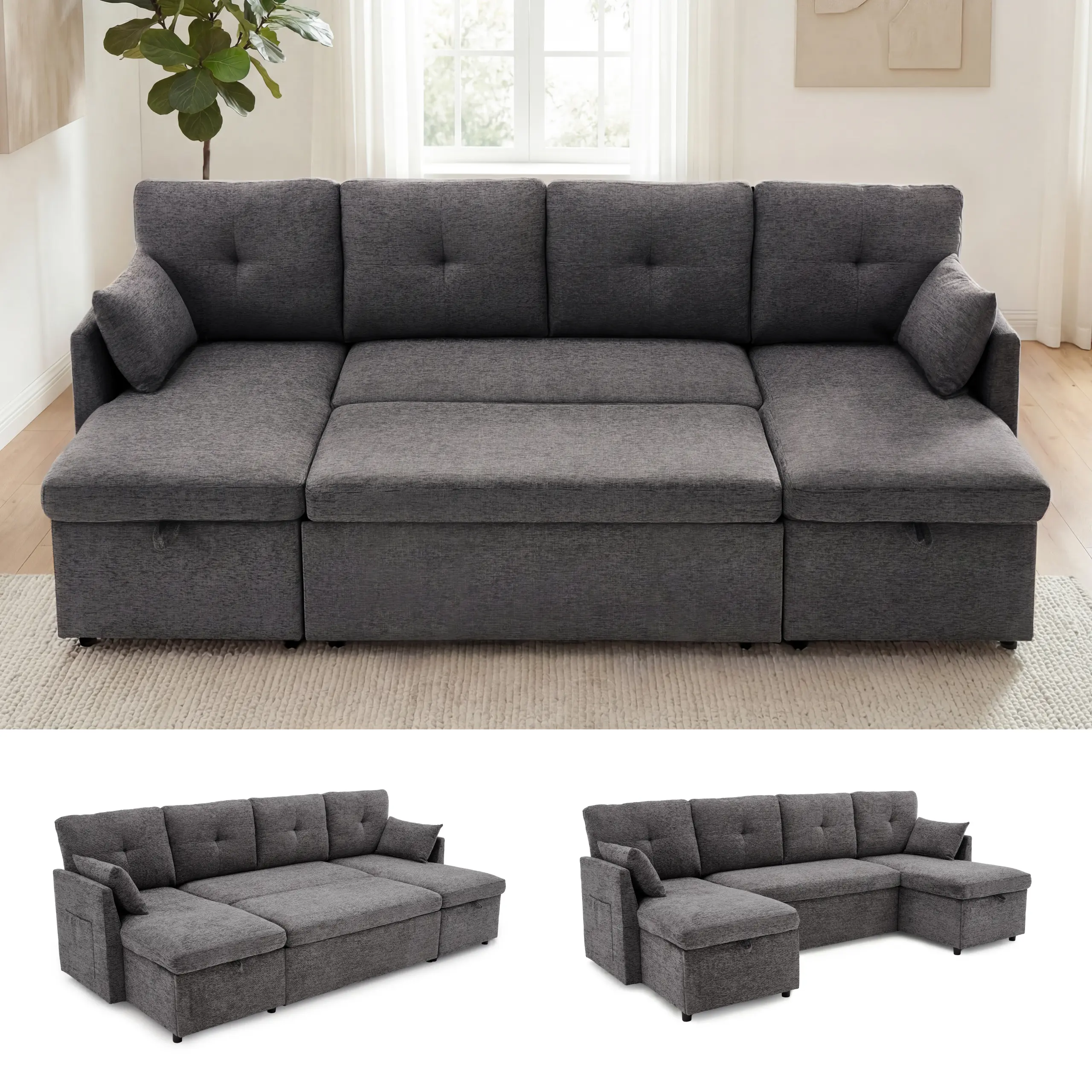 Oversized Sleeper Sofa Couch, 100 inch 2 in 1 Pullout Couch Bed with Side Pockets for Living Room, Sectional Sleeper Sofa Bed with Double Storage Chaise