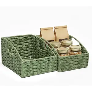 Storage Basket, 2 Pack Handwoven Round Paper Rope Pantry Baskets for Organizing with Handles, Iron Frame Support Baskets for Shelves,Trapezoid Wicker Basket for  Decor, Green