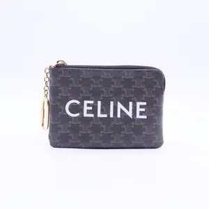 Pre-owned Celine Leather Small Leather Goods Triomphe Canvas Logo Coin and Card Pouch With Hook Black W20364