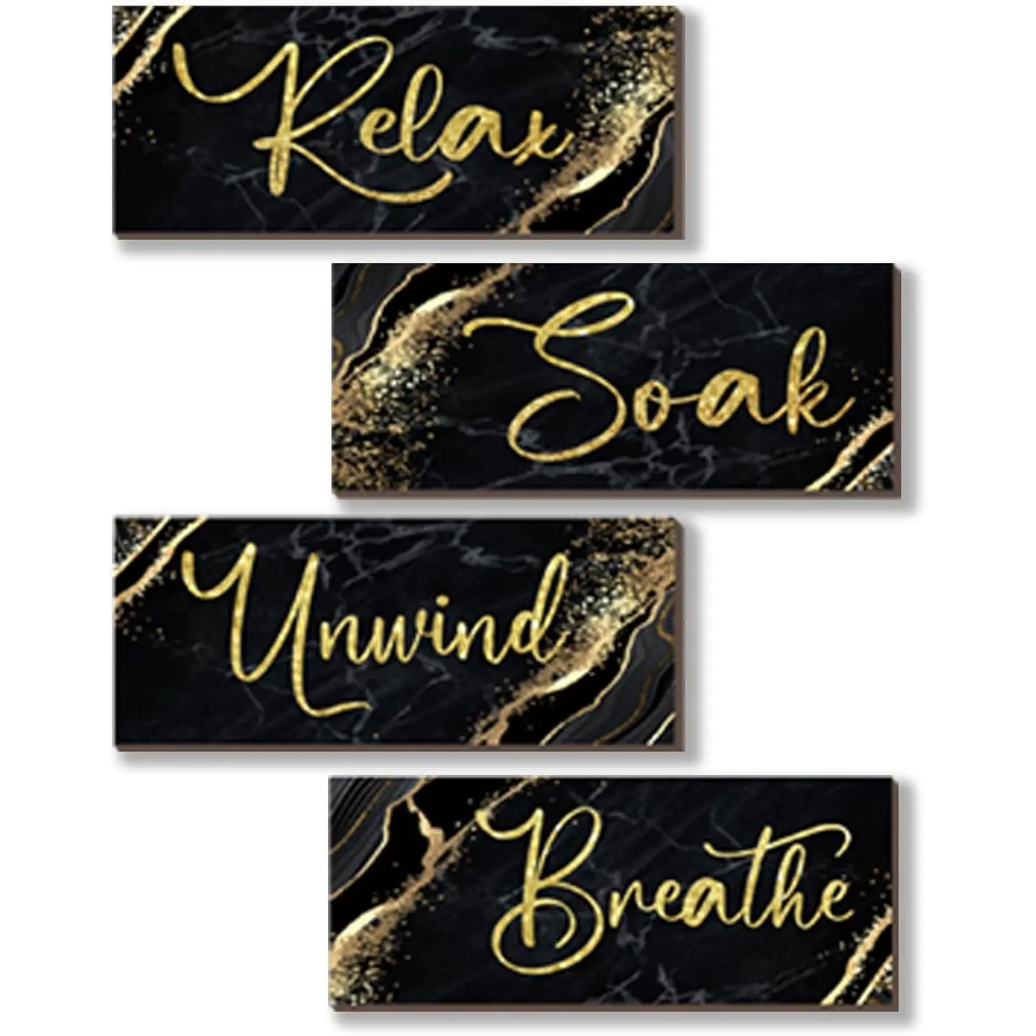 4 Pcs Black and Gold Bathroom Decor Black Gold Wall Decor Relax Soak Unwind Breathe Wooden Rustic Marble Style Bathroom Accessories for Bedroom Living Room Decor Kitchen(10X4)