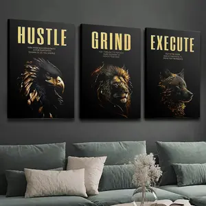 Three framed canvas oil paintings and posters, ready to hang, featuring golden-clad eagles, lions, wolves, inspirational quotes, home decor, wall art, room decoration, home wall paintings, high-definition printing, ideal gift, suitable for living room, be