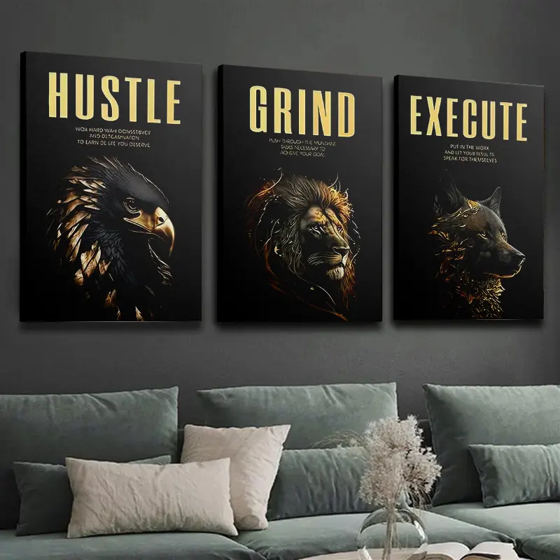 Artistic 3-Piece Framed Wall Art Set - Waterproof Glossy High-Definition Canvas Oil Prints, Ready-to-Hang, Golden-Clad Eagles Lions Wolves, Inspirational Quotes, Home Decor for Living Room, Ideal Gift