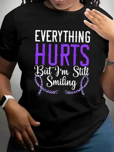 Viral Inspirational Chronic Illness Awareness Women's Graphic TeeFeatures "Everything Hurts But I'm Still Smiling" quote & purple awareness ribbon. Ultra-soft premium cotton, relaxed comfy fit for all-day wear.
