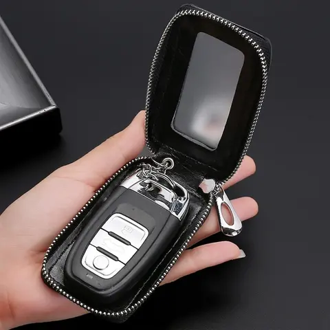 Car Key Cases, Premium Mirror-Style Zipper Car Key Holder Bag, Universal Car Key Cover with Key Ring, Fashion Car Key Pouch for Men & Women, Black
