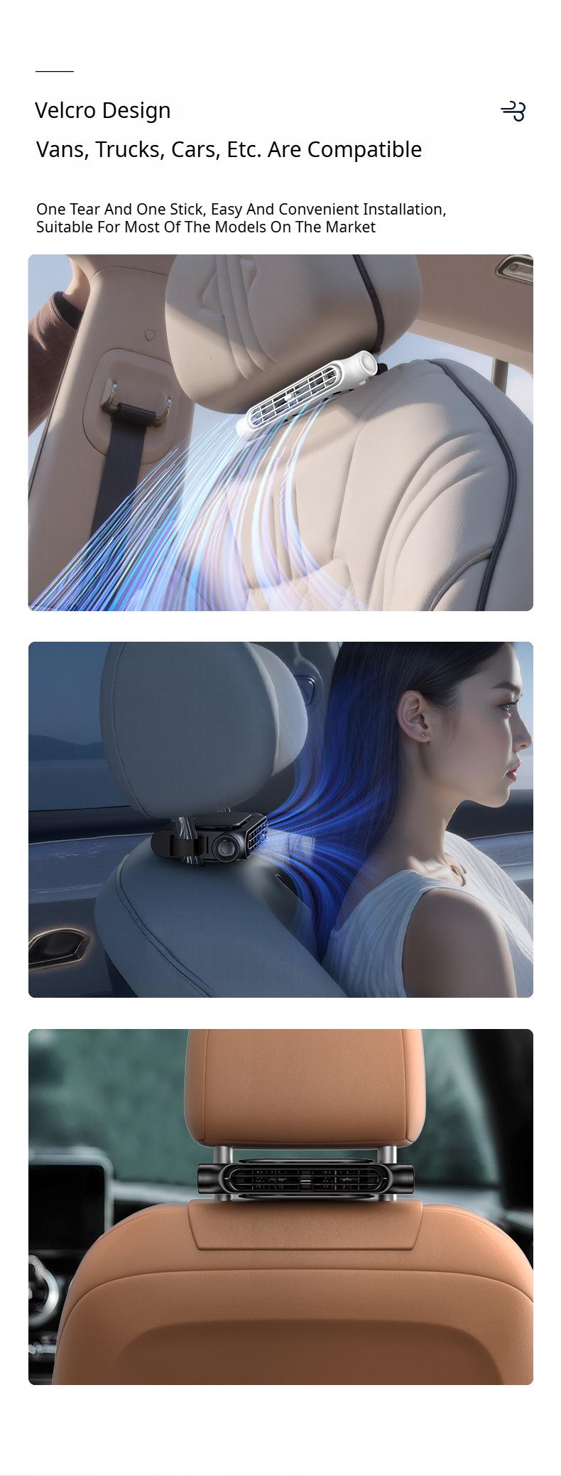 Portable fan for children in the back seat; USB-rechargeable neck-cooling fan featuring 3-speed adjustment and an air vent clip design; compatible with all vehicle models as well as home and office chairs.